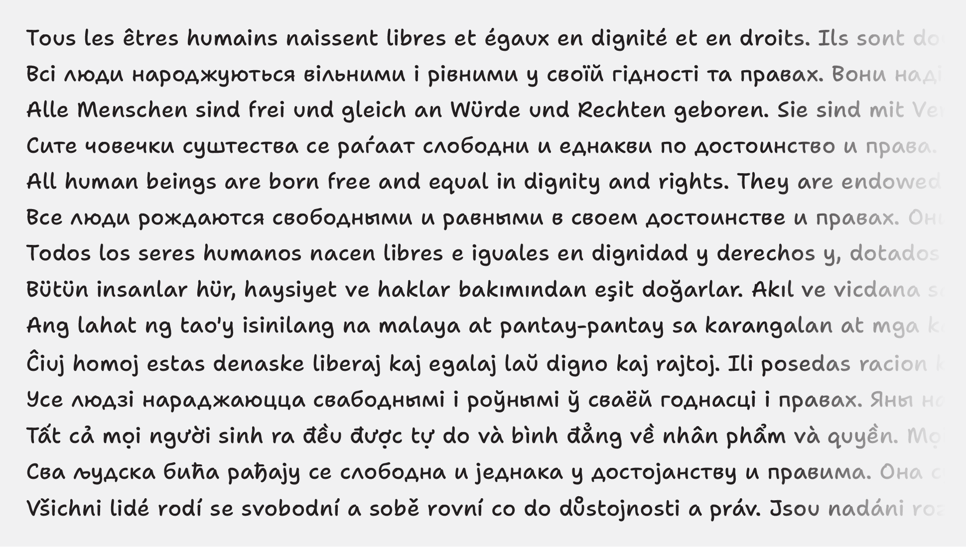 All human beings are born free and equal in dignity and rights, in different languages on 14 lines